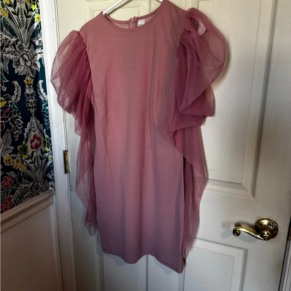 Women's Elegant Contrast Mesh Gigot Sleeve Bodycon Party Dress Pink Medium - Picture 10 of 10